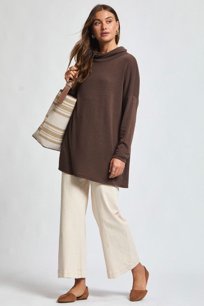 Dear Scarlett cowl neck tunic top in chocolate brown with open back detail and relaxed fit.