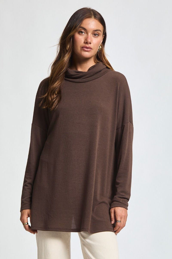 Dear Scarlett cowl neck tunic top in chocolate brown with open back detail and relaxed fit.
