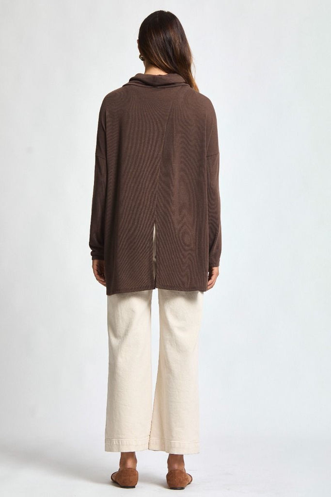 Dear Scarlett cowl neck tunic top in chocolate brown with open back detail and relaxed fit.