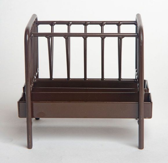 Little Buster brown all-metal Priefert pasture horse feeder toy with hay rack and dual grain tubs