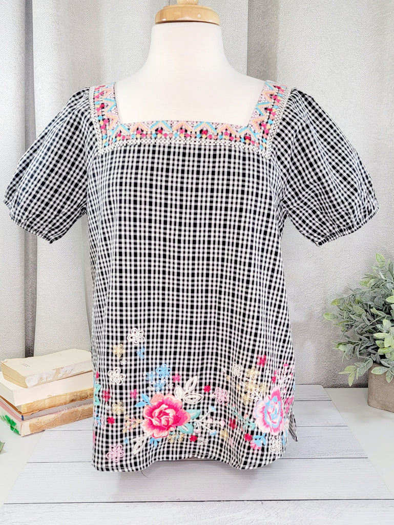 Black & White Check Top W/ Embroidery | Cornell's Country Store